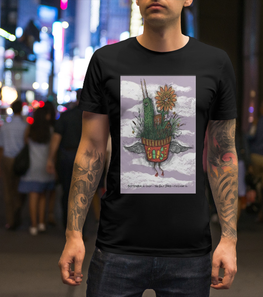 Goose September 12 2024 The Salt Shed Chicago IL Flower Bird Creature In Clouds T-Shirt