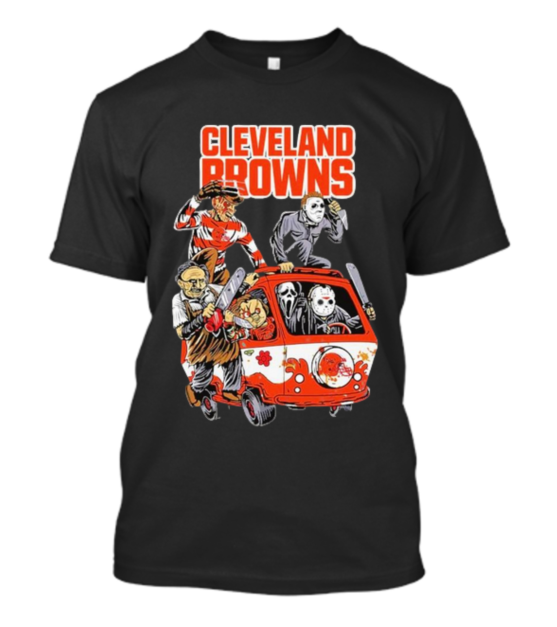 Cleveland Browns NFL Horror Movie Characters Halloween Hippie Van T-Shirt
