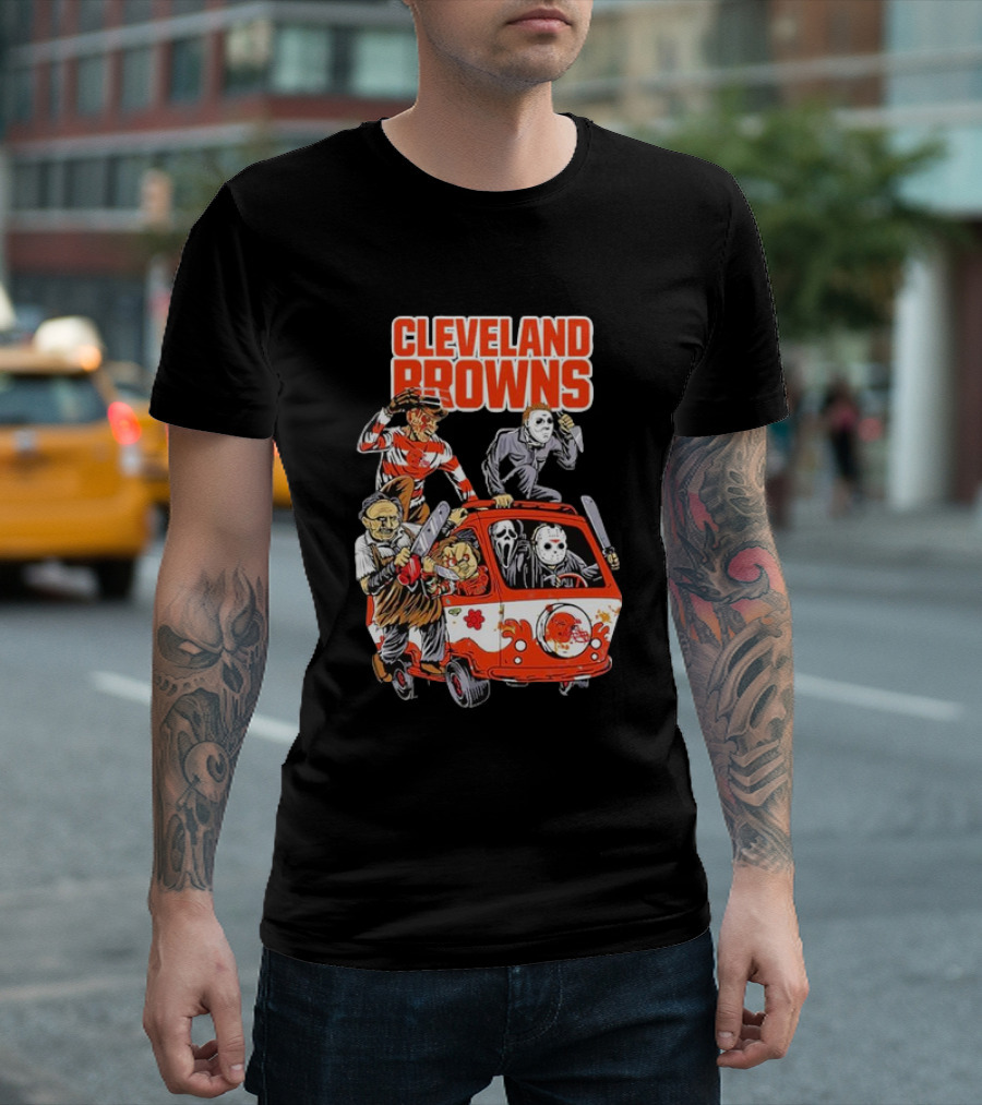 Cleveland Browns NFL Horror Movie Characters Halloween Hippie Van T-Shirt