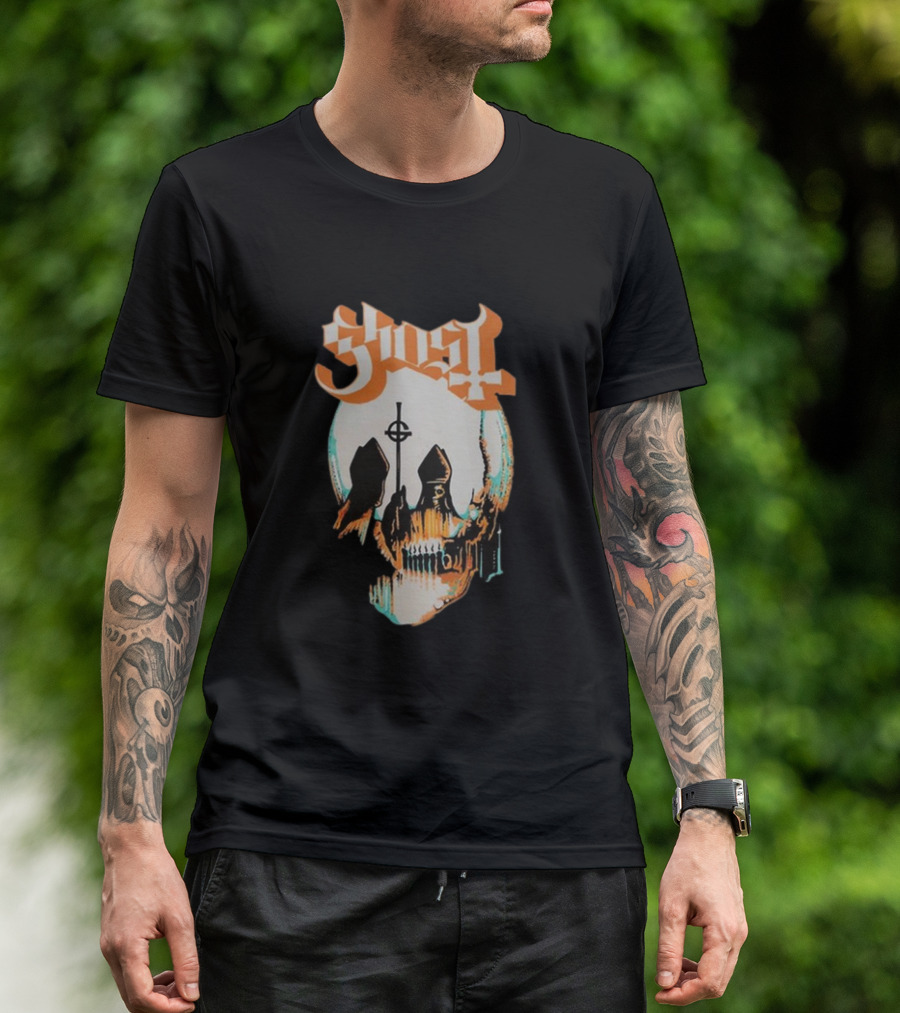 Ghost Band Skull Reflections With Cross And Cathedral Elements T-Shirt