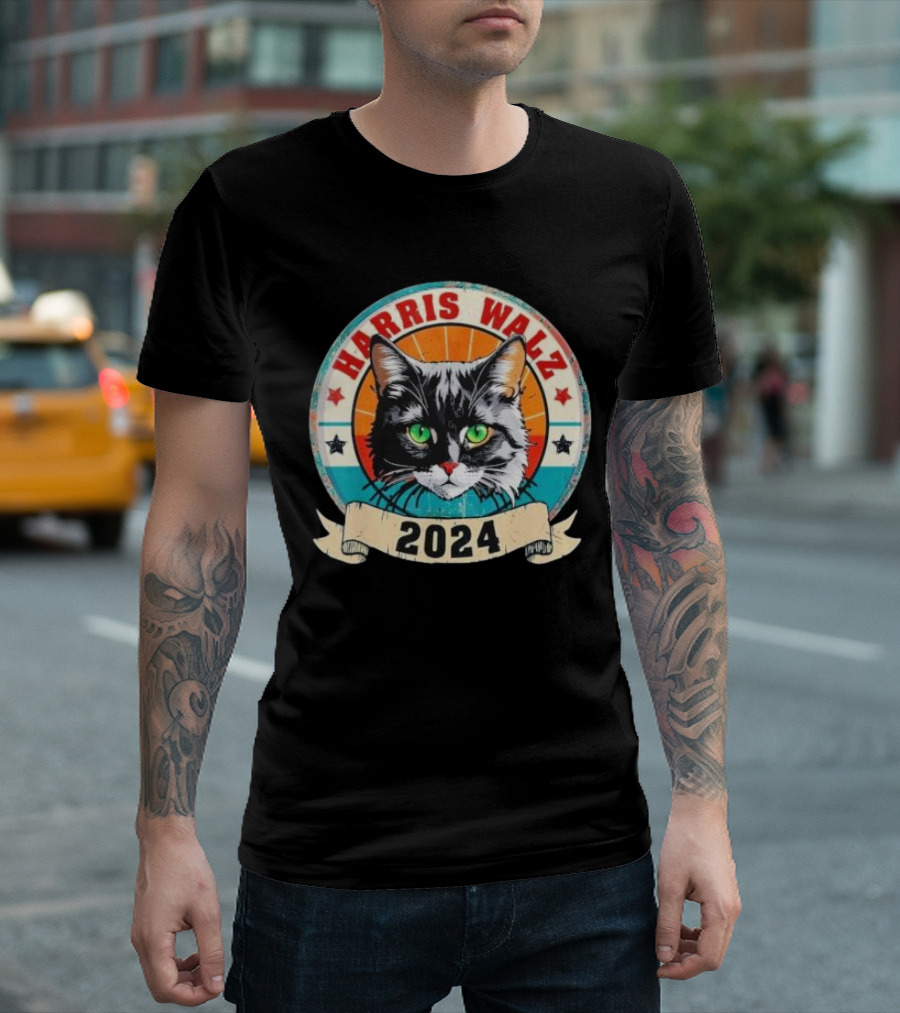 Harris Walz 2024 Retro Cat Elections Kamala Harris Tim Walz T-Shirt