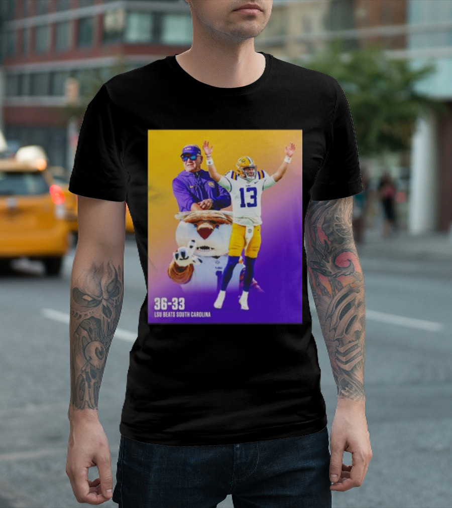 36-33 LSU Tigers Victory Over South Carolina with Coach and Player Celebrations T-Shirt