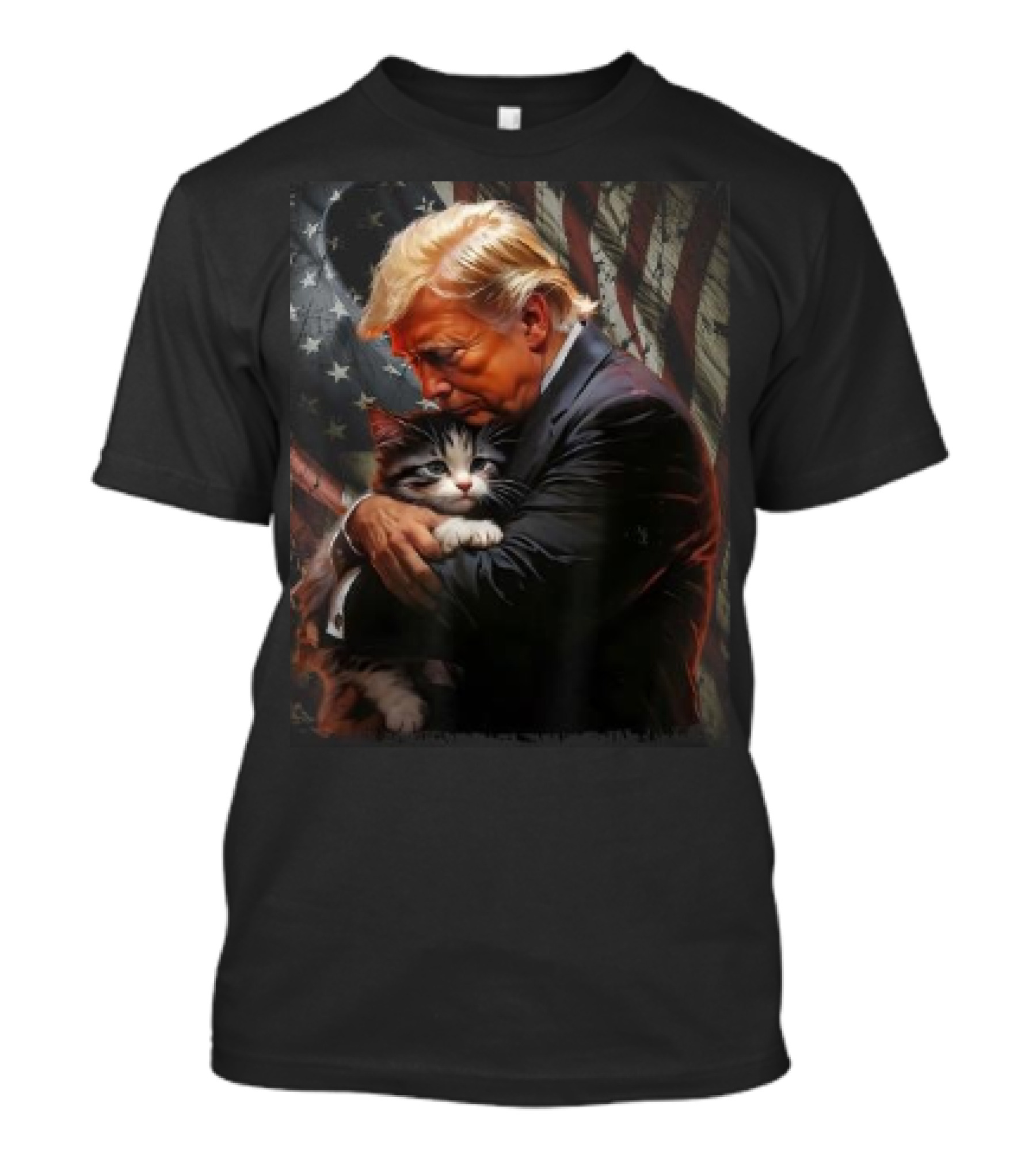 Trump Hugging An Orange Cat 2024 Make Cats Safe Again American Flag Background T-Shirt