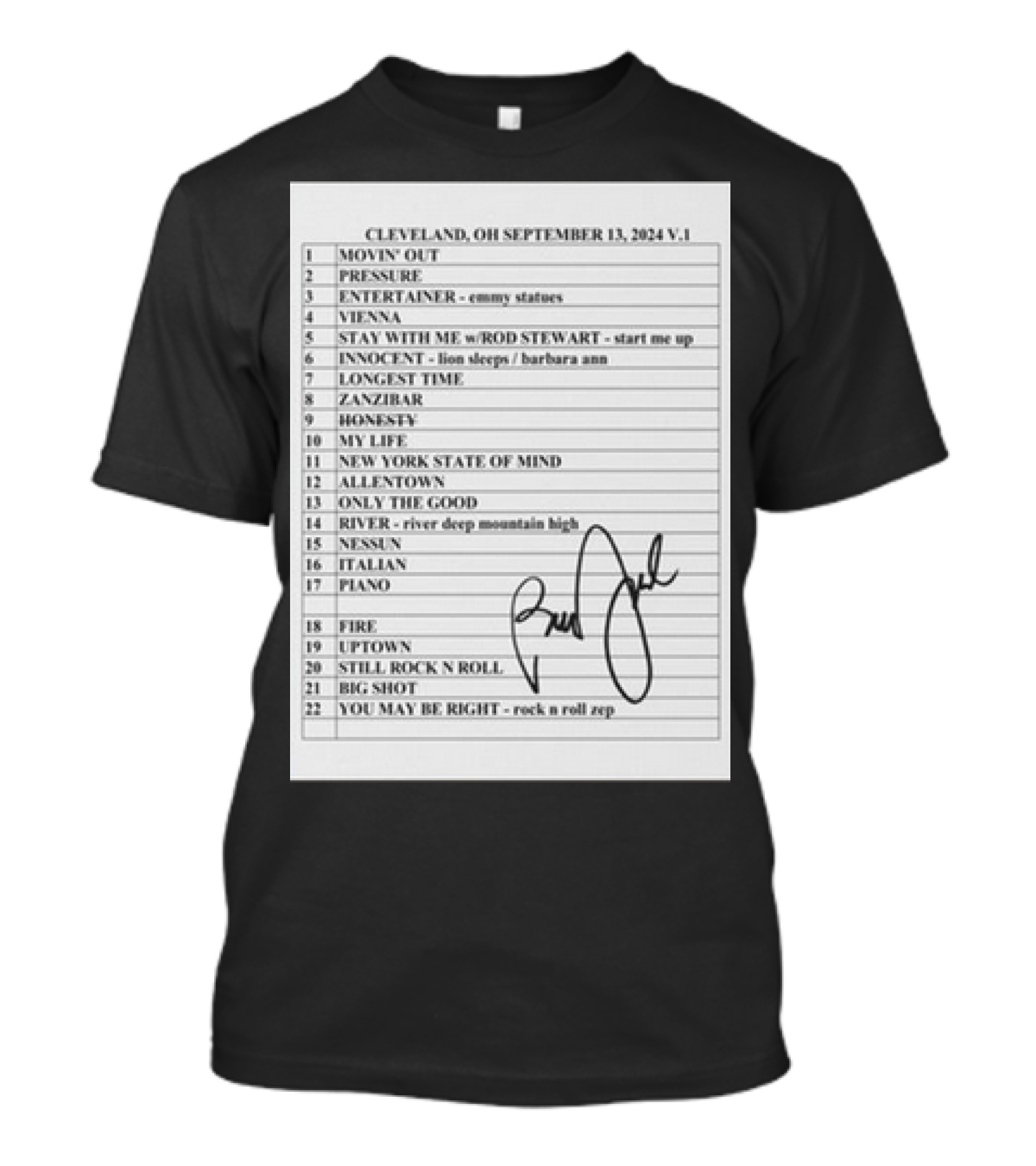 Billy Joel Cleveland September 13 2024 Setlist Movin' Out Pressure Piano River Vienna Zanzibar Uptown T-Shirt