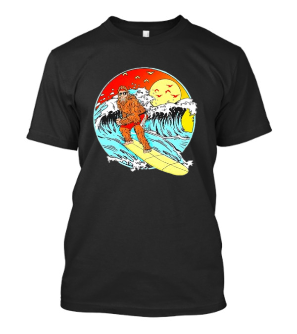 Bigfoot Surfing Sasquatch Retro 80s Beach Waves Sun Fun T-Shirt