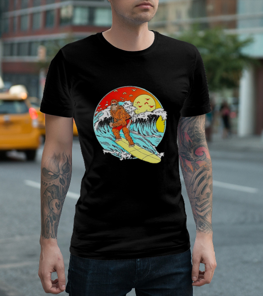 Bigfoot Surfing Sasquatch Retro 80s Beach Waves Sun Fun T-Shirt