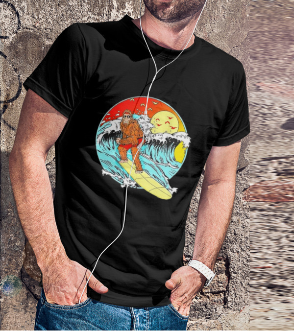 Bigfoot Surfing Sasquatch Retro 80s Beach Waves Sun Fun T-Shirt