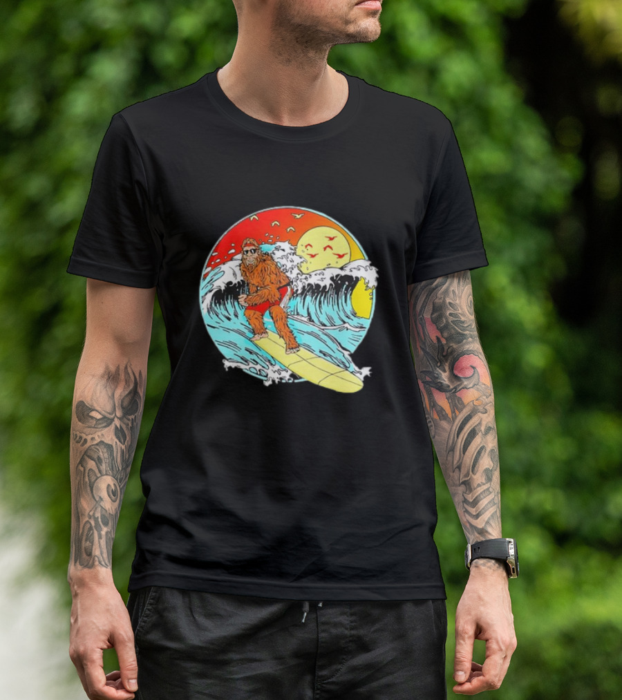 Bigfoot Surfing Sasquatch Retro 80s Beach Waves Sun Fun T-Shirt