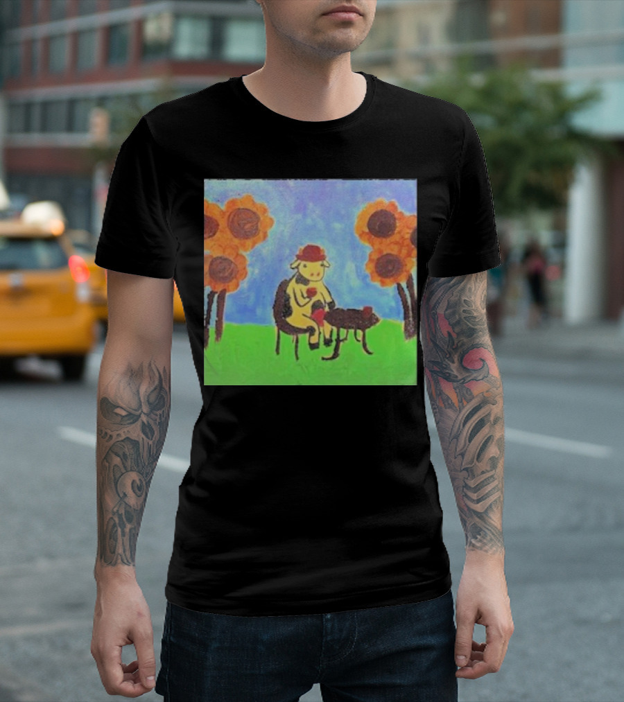 Leanbeeftees Tea Time Cow in Hat with Sunflowers T-Shirt