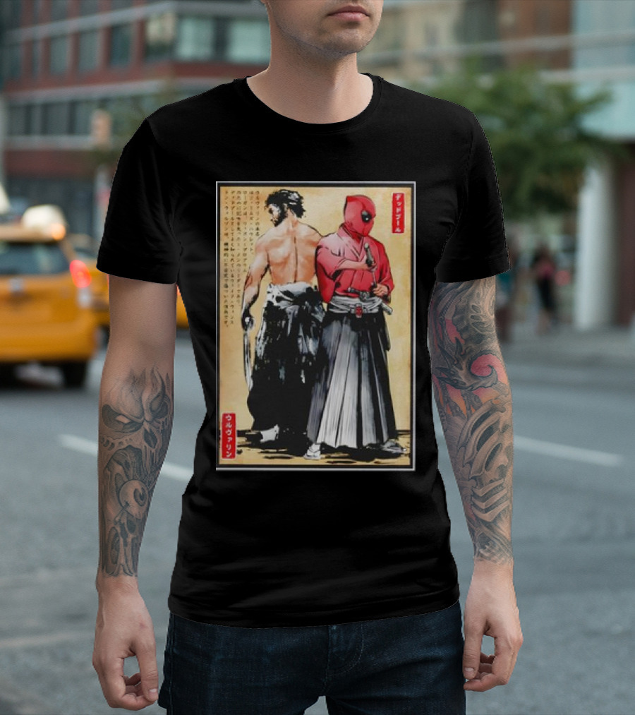 Mutant Samurai And Red Ronin Deadpool Wolverine Woodblock T-Shirt