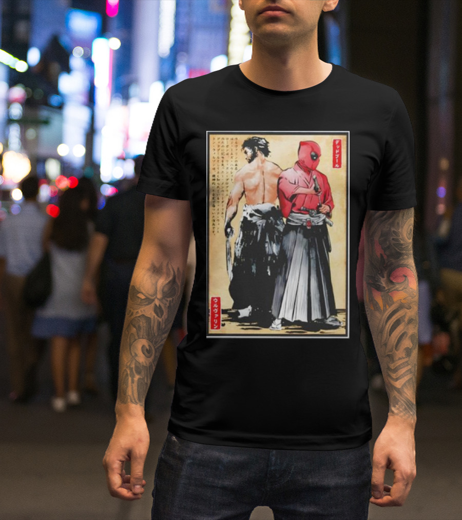 Mutant Samurai And Red Ronin Deadpool Wolverine Woodblock T-Shirt