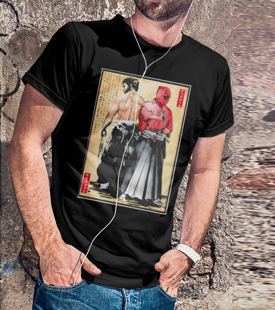 Mutant Samurai And Red Ronin Deadpool Wolverine Woodblock T-Shirt