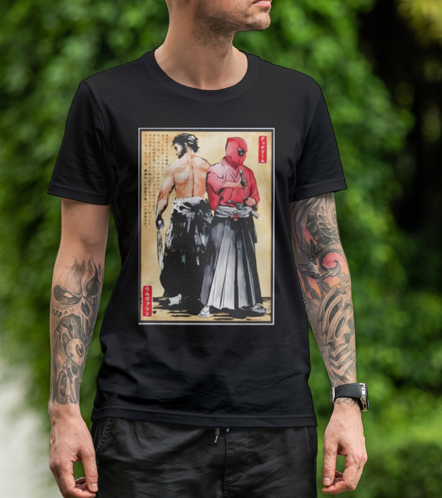 Mutant Samurai And Red Ronin Deadpool Wolverine Woodblock T-Shirt