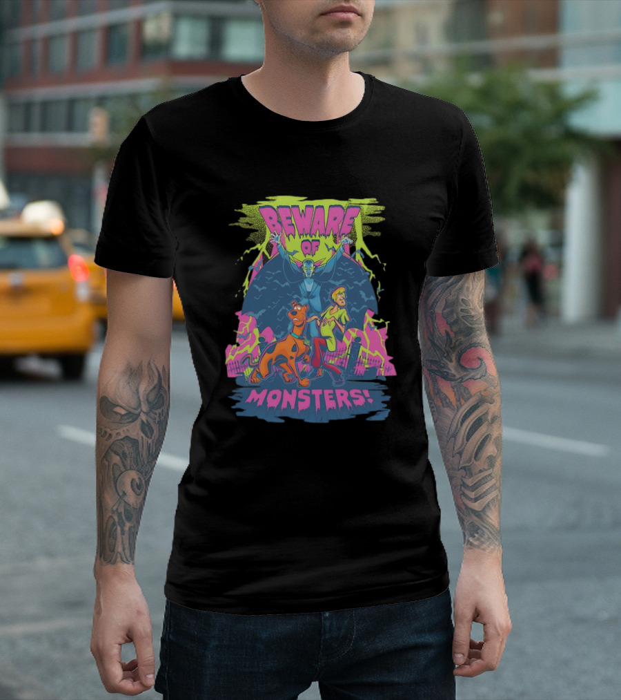 Beware of Monsters Scooby Doo and Shaggy in Haunted Scene T-Shirt