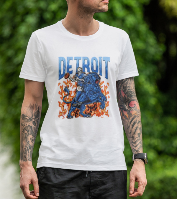 Detroit Lions Skeleton Quarterback Riding Flaming Blue Lion T-Shirt