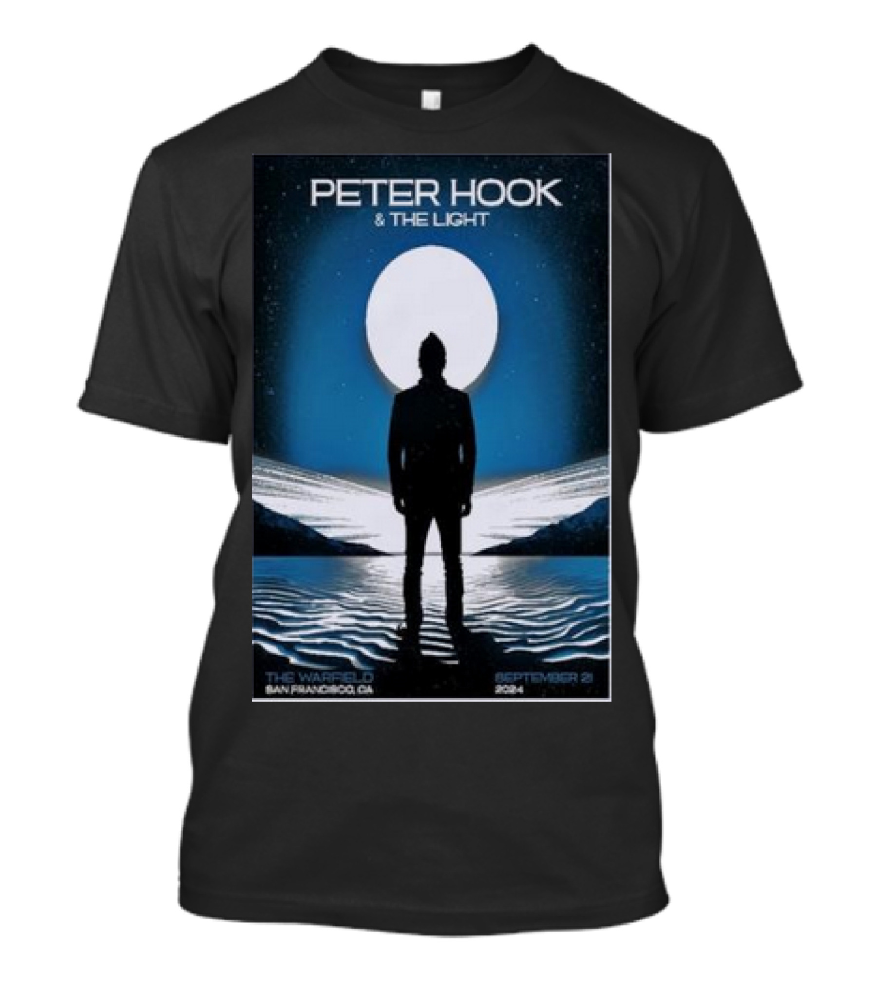 Peter Hook And The Light September 21 2024 The Warfield San Francisco CA Silhouette Against Full Moon And Water Landscape T-Shirt