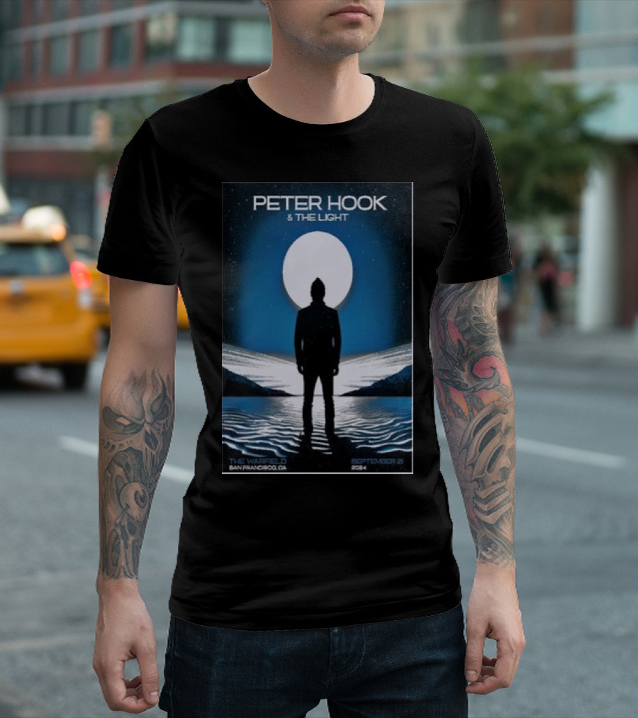 Peter Hook And The Light September 21 2024 The Warfield San Francisco CA Silhouette Against Full Moon And Water Landscape T-Shirt