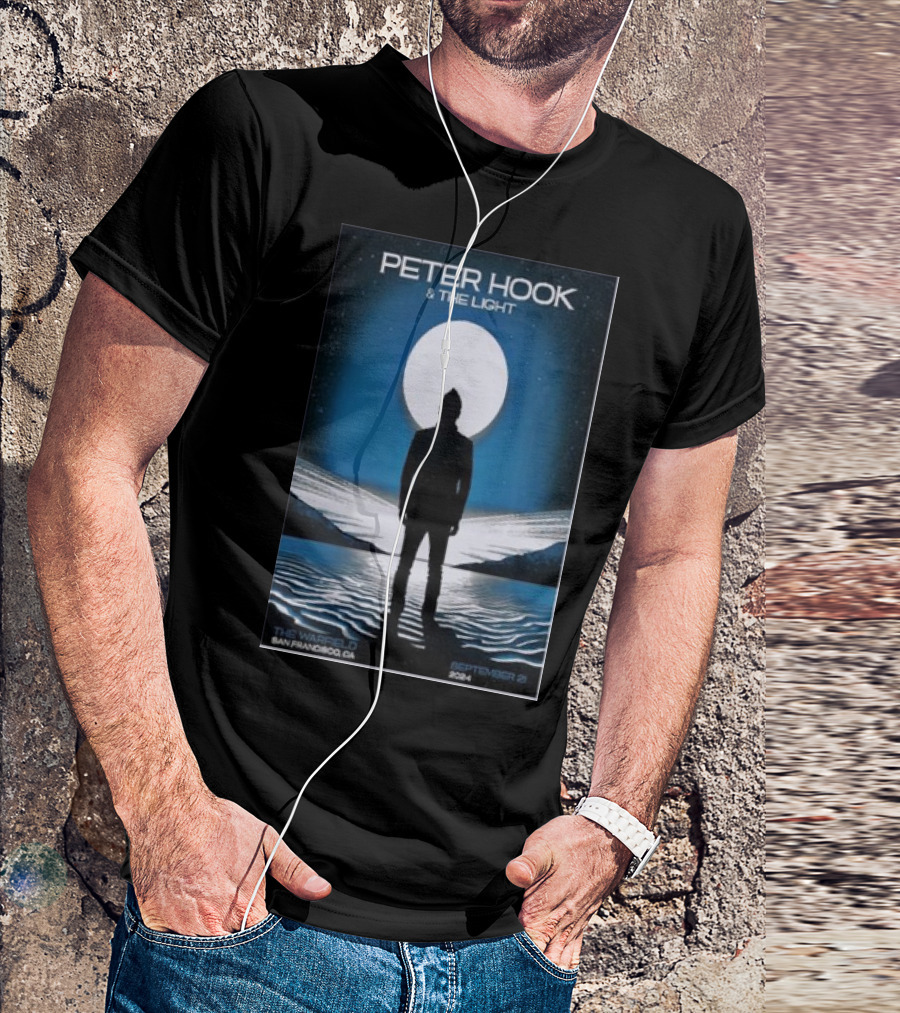 Peter Hook And The Light September 21 2024 The Warfield San Francisco CA Silhouette Against Full Moon And Water Landscape T-Shirt
