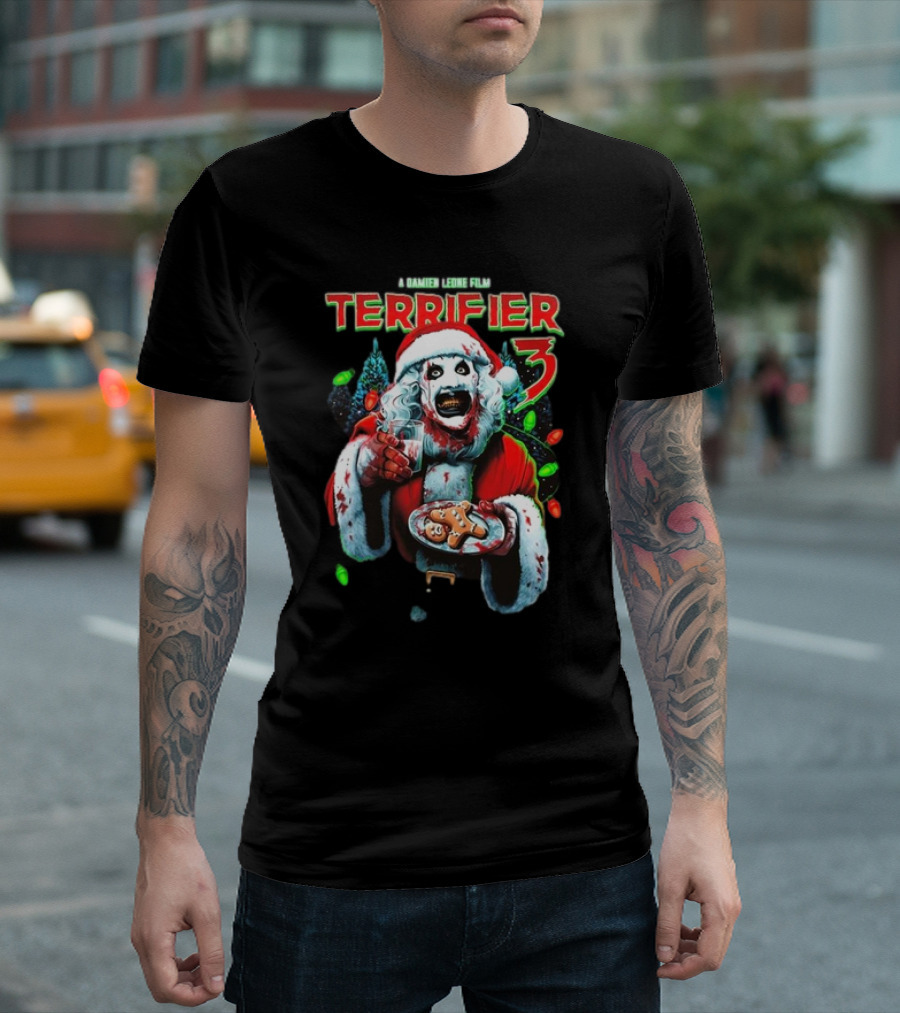 Terrifier 3 A Damien Leone Film Christmas with Milk and Carnage Santa Holding Gingerbread and Glass T-Shirt