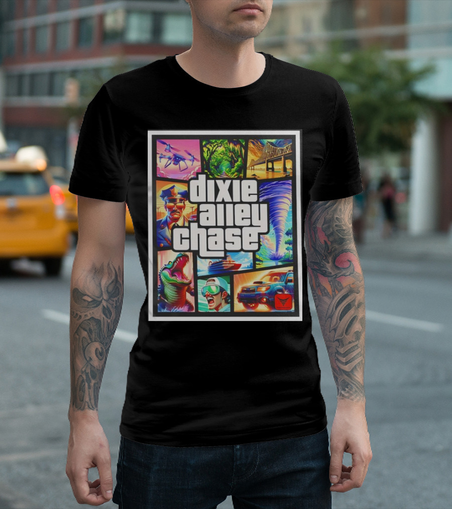 Dixie Alley Chase Tornado Police Car Alligator Drone Adventure T-Shirt