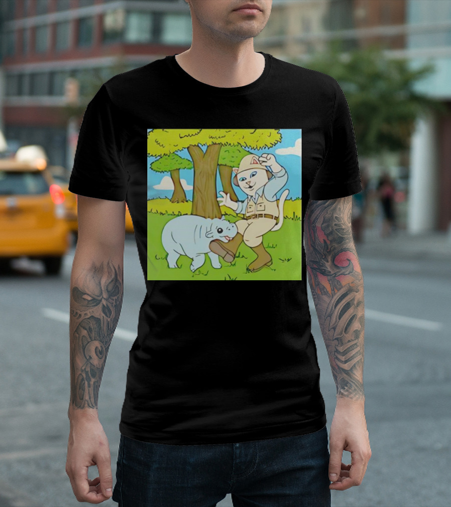 Moodeng Don't Get Bit Safari Cat And Hippopotamus Adventure T-Shirt