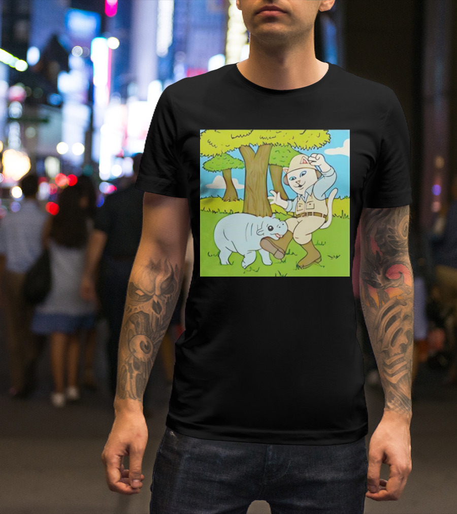 Moodeng Don't Get Bit Safari Cat And Hippopotamus Adventure T-Shirt