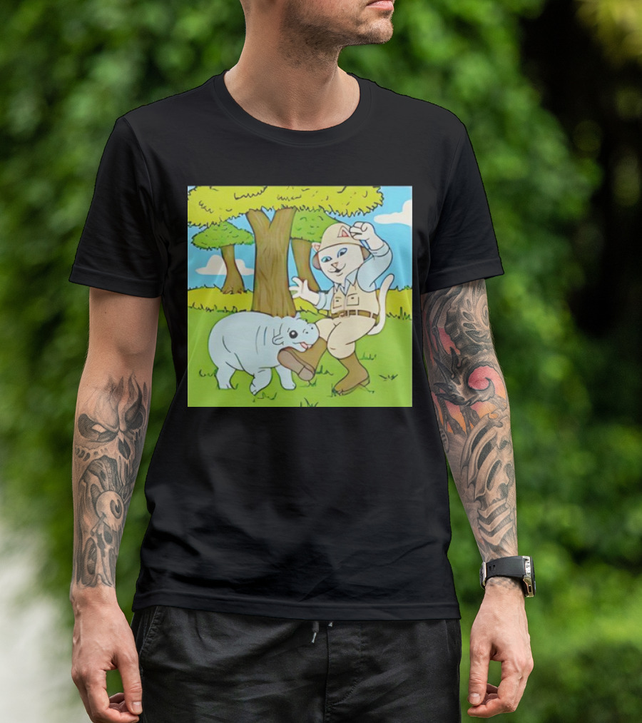 Moodeng Don't Get Bit Safari Cat And Hippopotamus Adventure T-Shirt