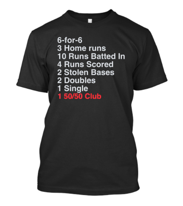 Shohei Ohtani 6-for-6 3 Home Runs 10 Runs Batted In 4 Runs Scored 2 Stolen Bases 2 Doubles 1 Single 50-50 Club T-Shirt