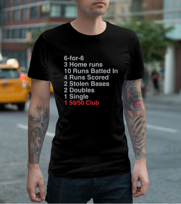 Shohei Ohtani 6-for-6 3 Home Runs 10 Runs Batted In 4 Runs Scored 2 Stolen Bases 2 Doubles 1 Single 50-50 Club T-Shirt