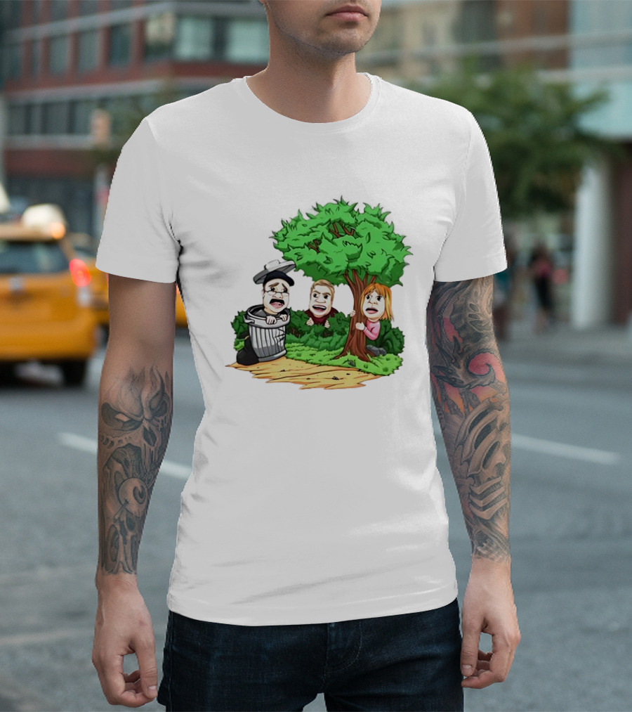 Artem Potokin Little Me Cartoon Characters Hiding Behind Tree And Trash Can T-Shirt