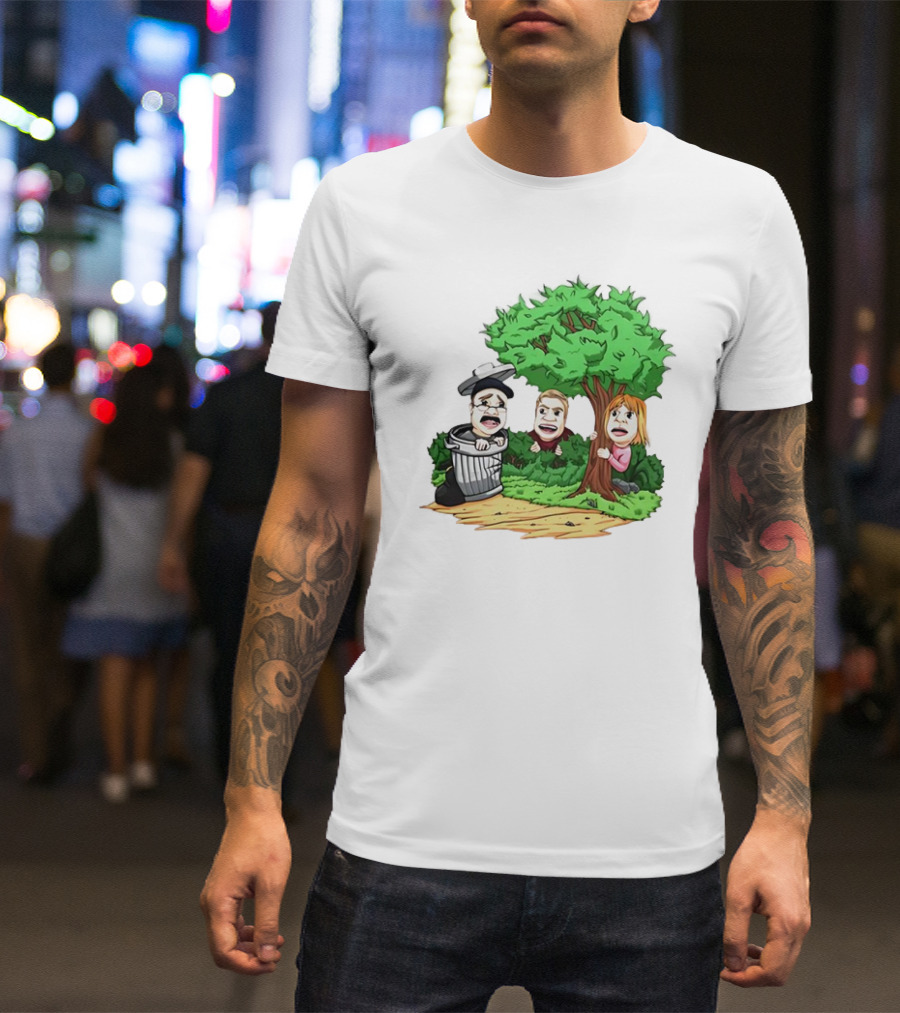 Artem Potokin Little Me Cartoon Characters Hiding Behind Tree And Trash Can T-Shirt