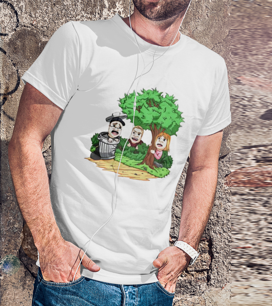 Artem Potokin Little Me Cartoon Characters Hiding Behind Tree And Trash Can T-Shirt