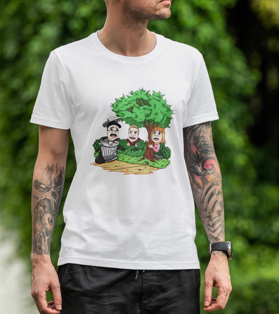 Artem Potokin Little Me Cartoon Characters Hiding Behind Tree And Trash Can T-Shirt