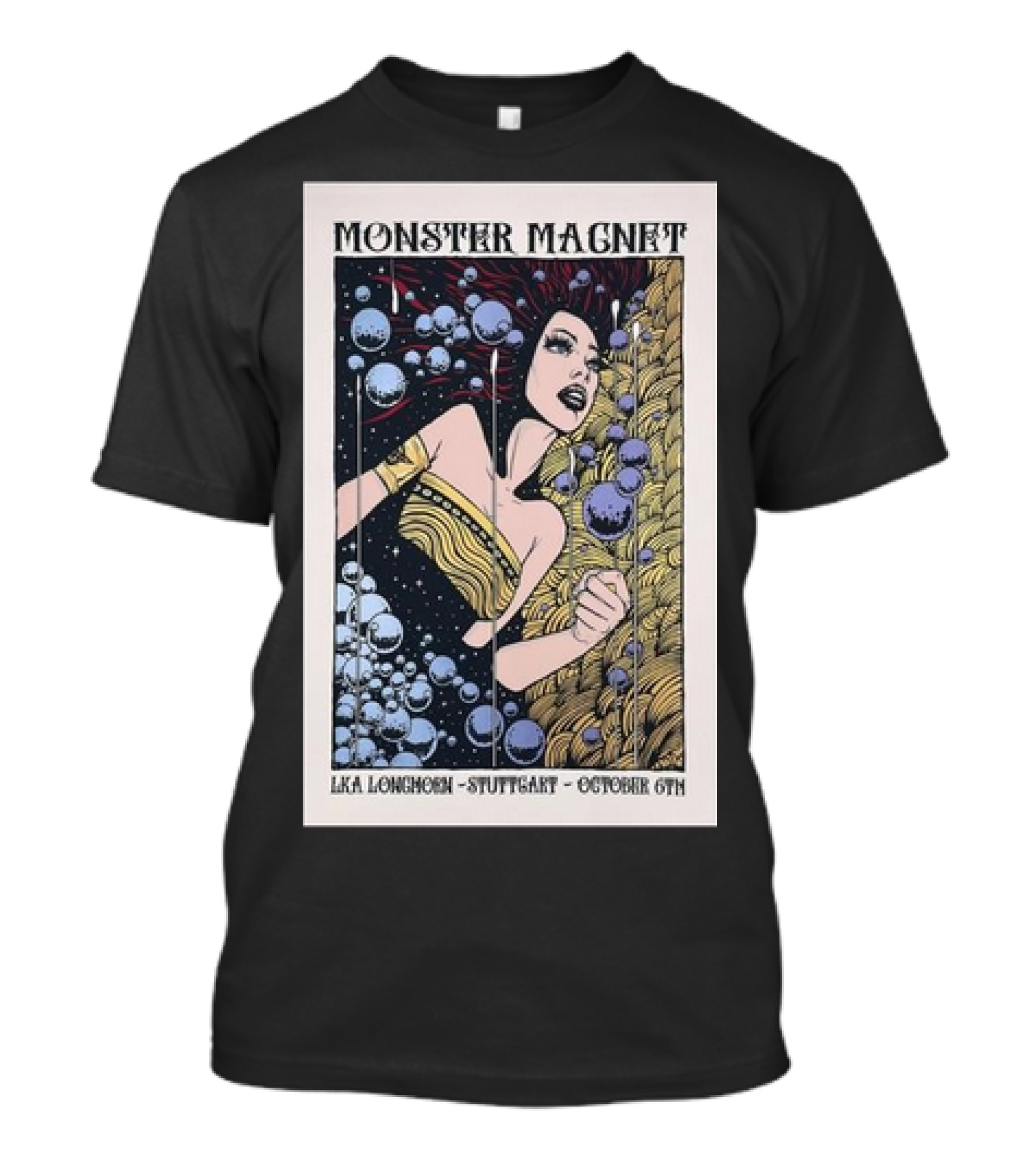 Monster Magnet LKA Longhorn Stuttgart October 6 2024 Tour Poster Art Deco Style Floating Bubbles And Woman T-Shirt