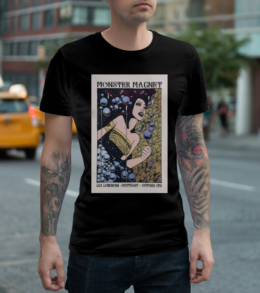 Monster Magnet LKA Longhorn Stuttgart October 6 2024 Tour Poster Art Deco Style Floating Bubbles And Woman T-Shirt