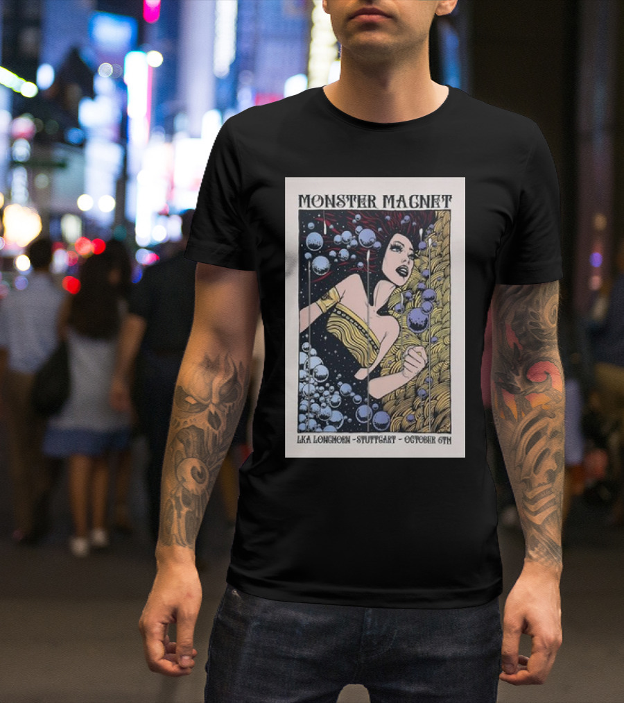 Monster Magnet LKA Longhorn Stuttgart October 6 2024 Tour Poster Art Deco Style Floating Bubbles And Woman T-Shirt