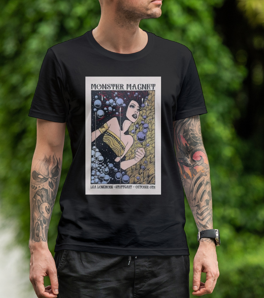 Monster Magnet LKA Longhorn Stuttgart October 6 2024 Tour Poster Art Deco Style Floating Bubbles And Woman T-Shirt