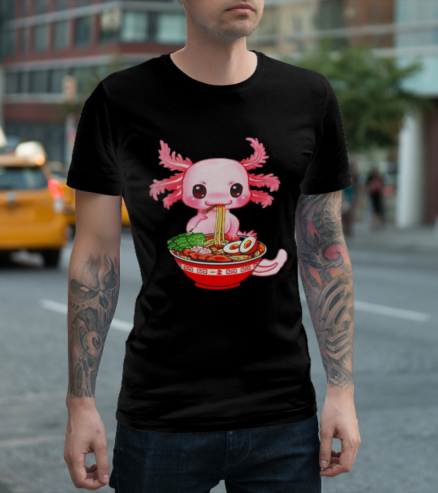 Axolotl Enjoying Cute Ramen Bowl with Funny Expression T-Shirt