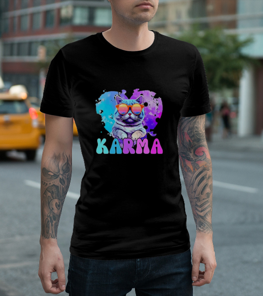 Cat Lover Karma Heart Shape Retro Sunglasses T-Shirt