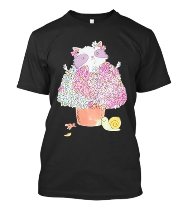 Raccoon In Floral Pot With Snail And Blossoms T-Shirt