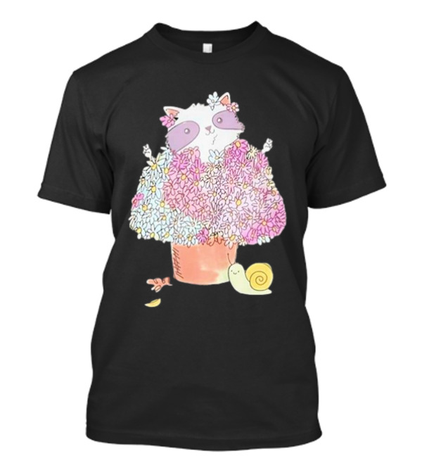 Raccoon In Floral Pot With Snail And Blossoms T-Shirt