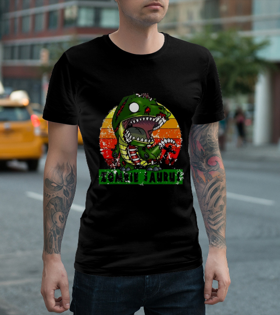 Zombie Saurus Zombiesaurus Dinosaur Halloween Costume Retro Sunset T-Shirt