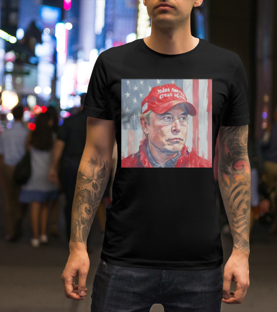 Musk Make America Great Again Hat With Stars And Stripes Background T-Shirt