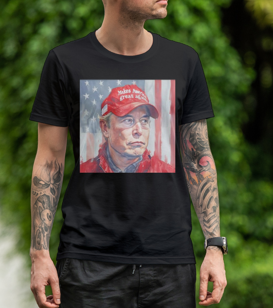 Musk Make America Great Again Hat With Stars And Stripes Background T-Shirt