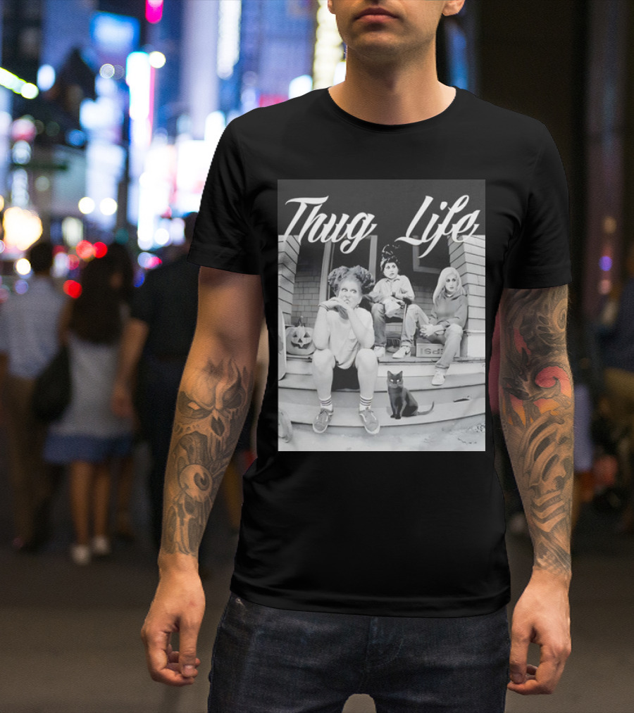 Hocus Pocus Thug Life Witchy Trio With Black Cat And Pumpkin Porch Scene T-Shirt