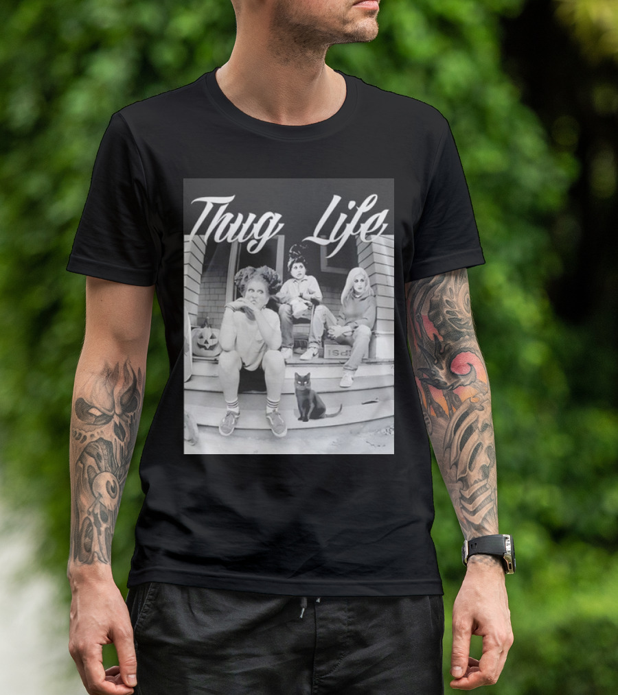 Hocus Pocus Thug Life Witchy Trio With Black Cat And Pumpkin Porch Scene T-Shirt