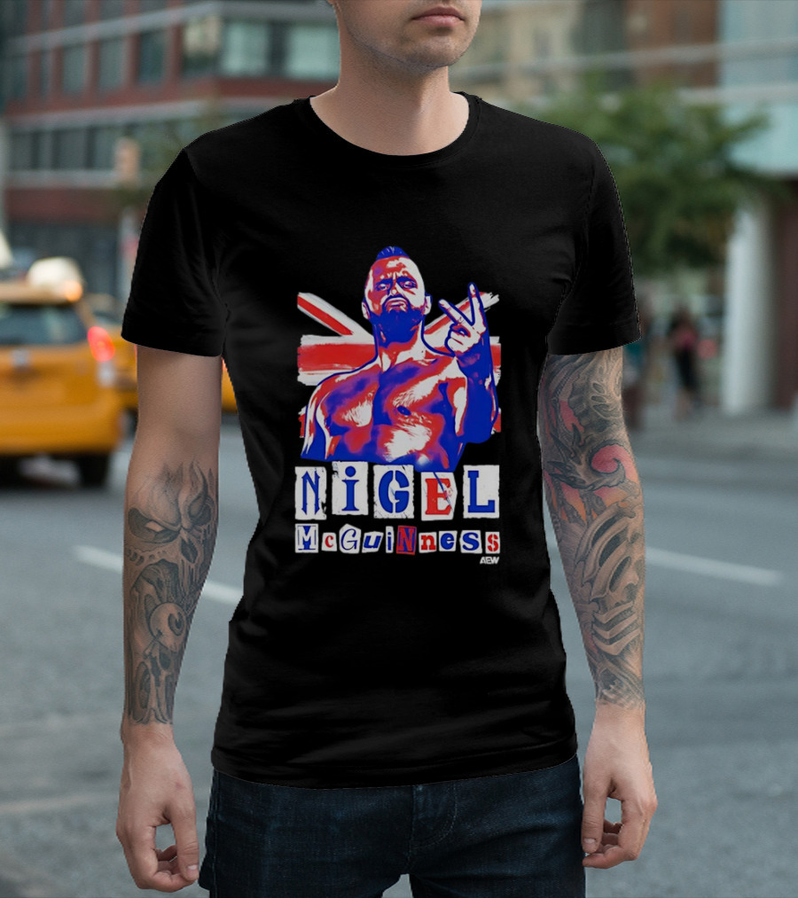 NIGEL McGUINNESS AEW Union Jack V Sign T-Shirt