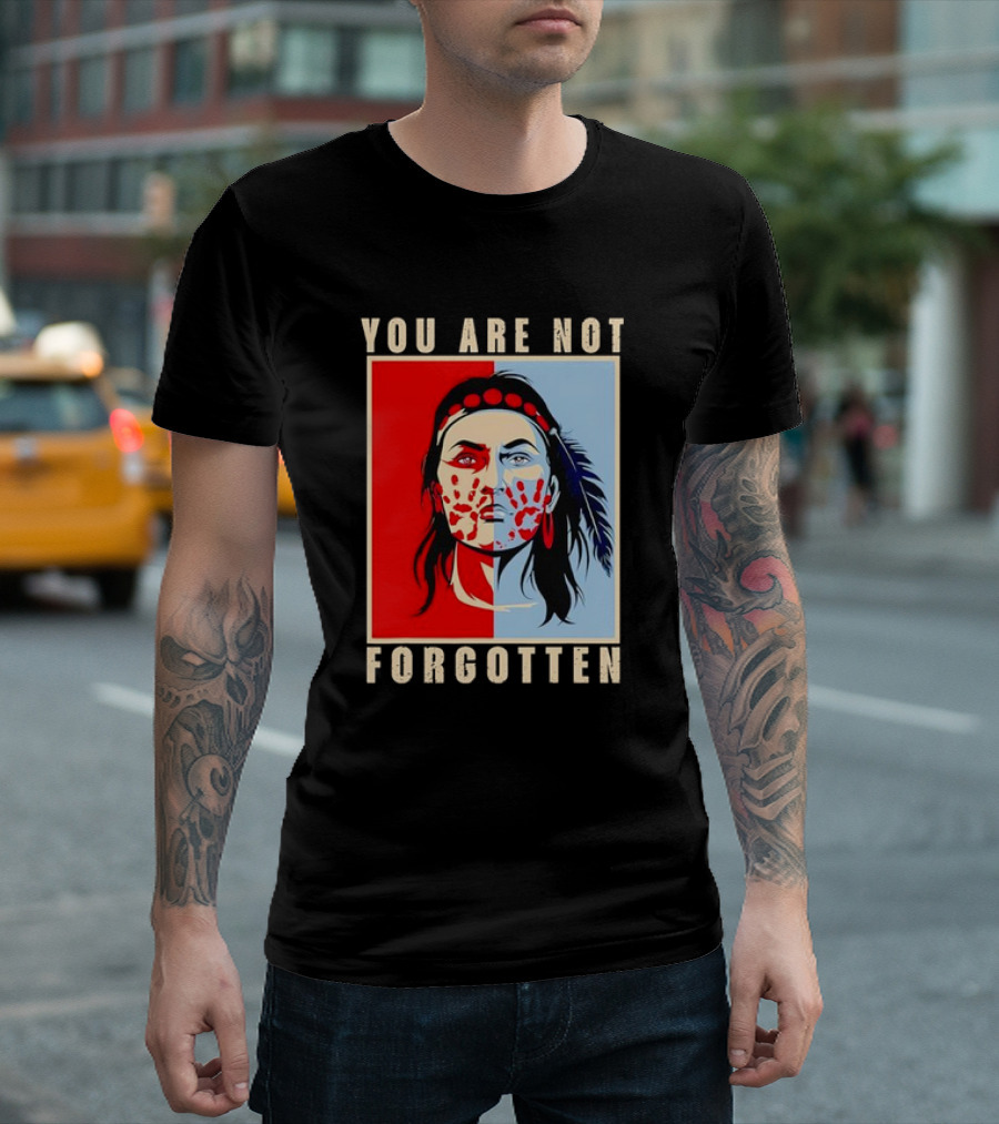 You Are Not Forgotten Awareness Native American Indian Red Handprint Feather Profile T-Shirt