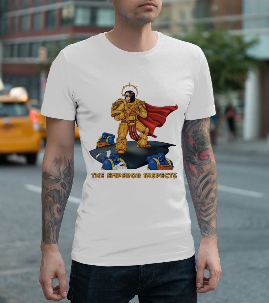 The Emperor Inspects Power Armor With Red Cape And Space Soldiers On Dark Platform T-Shirt