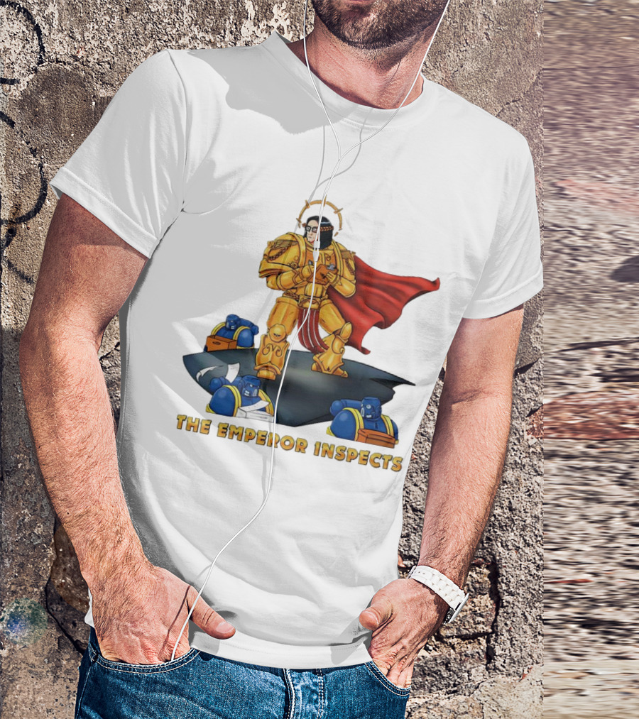 The Emperor Inspects Power Armor With Red Cape And Space Soldiers On Dark Platform T-Shirt